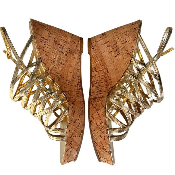 Rampage Gold Metallic Strappy Sandal Womens Sz 8 Cork Wedges Glam Holiday‎ Club - Picture 1 of 14